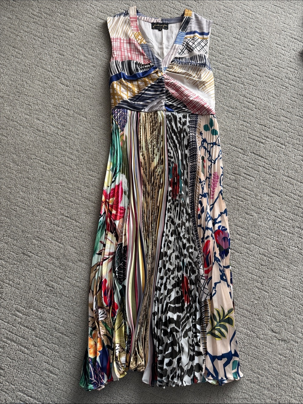 Anthropologie Multicolor Pleated Maxi Dress with Mixed Prints